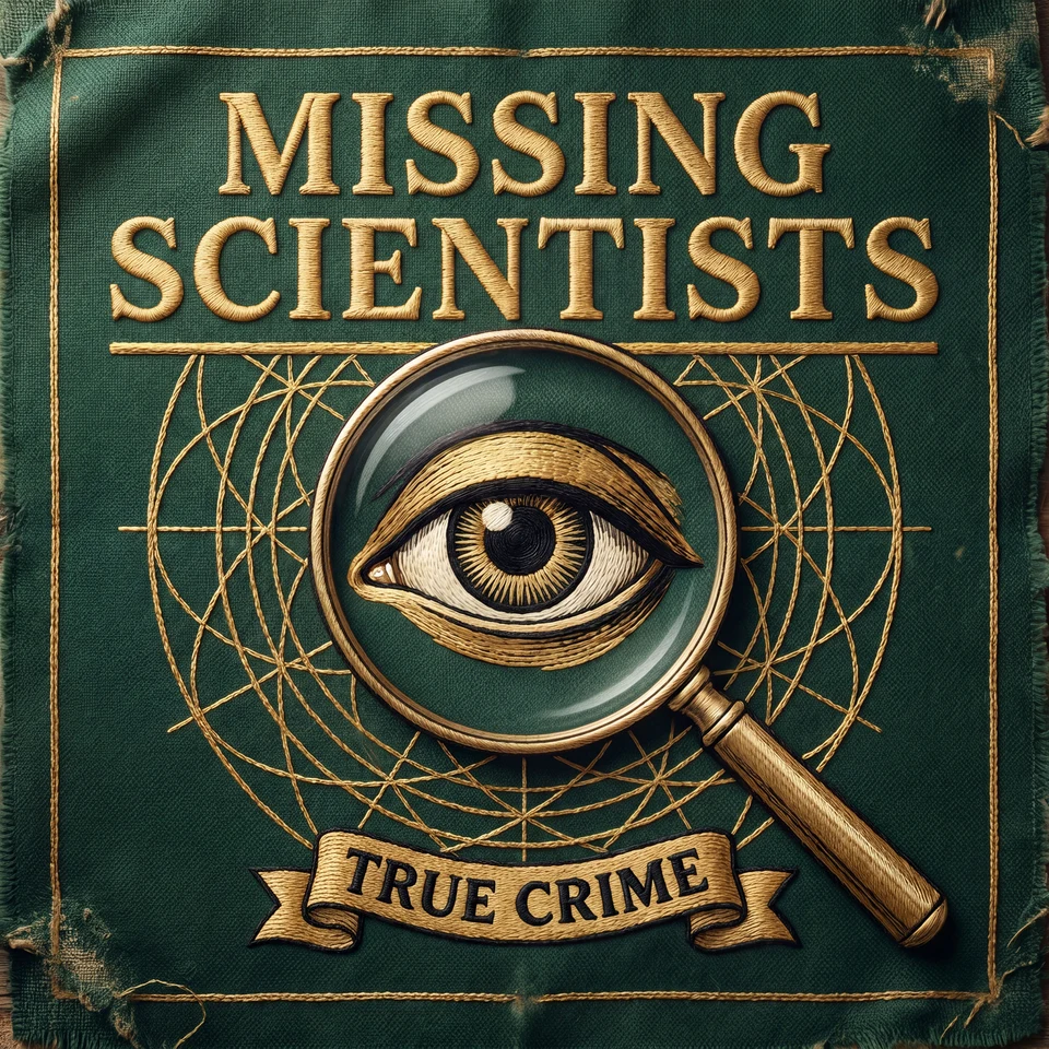Missing Scientists podcast cover art — embroidered magnifying glass with a watching eye on pine green cloth